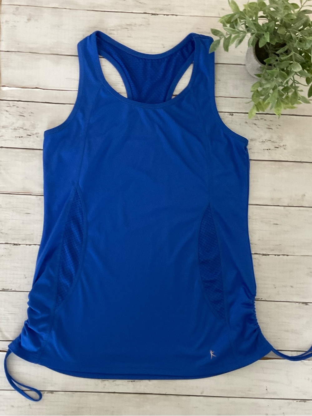 Danskin Now Royal Blue Racerback Tank Top, pickleball adjustable drawstring side